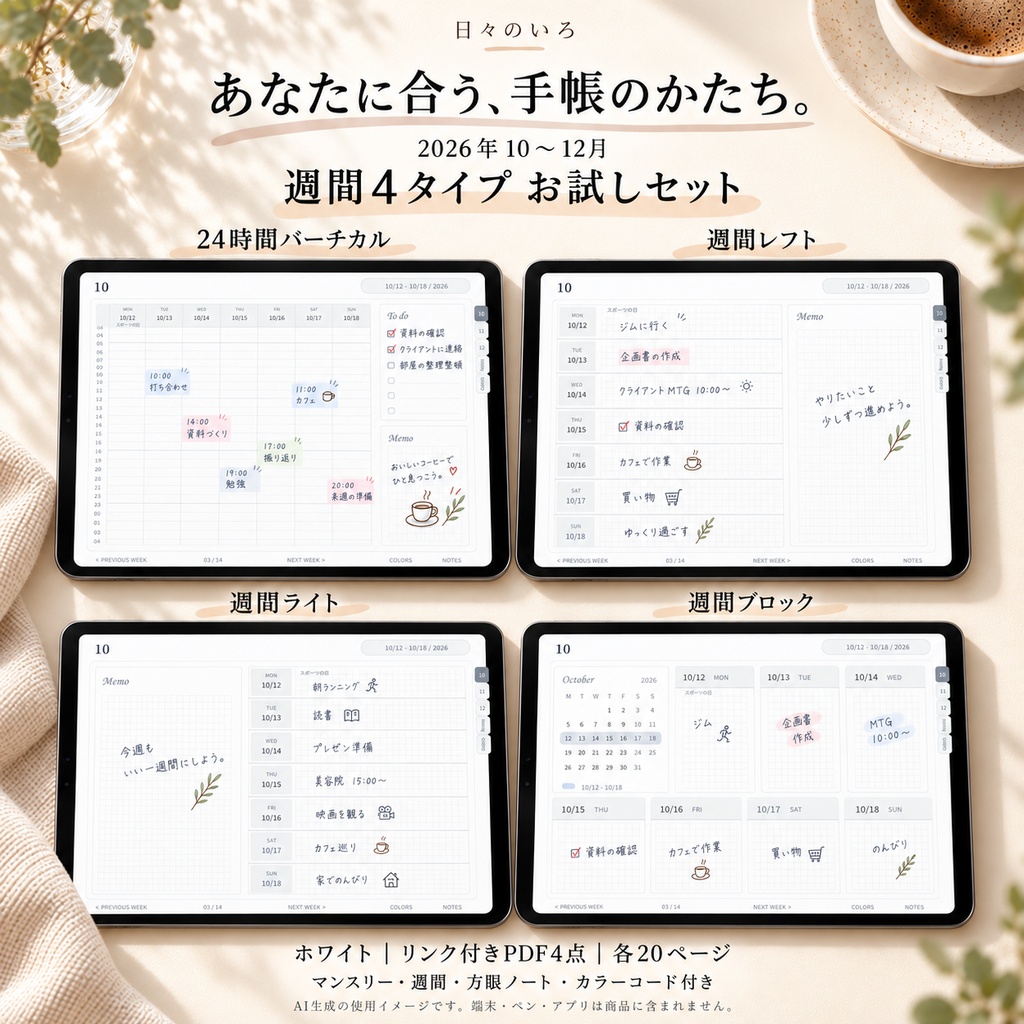 【2026年10〜12月】デジタル手帳お試しセット｜週間4タイプ・ホワイト｜リンク付き横向きPDF｜Goodnotes用