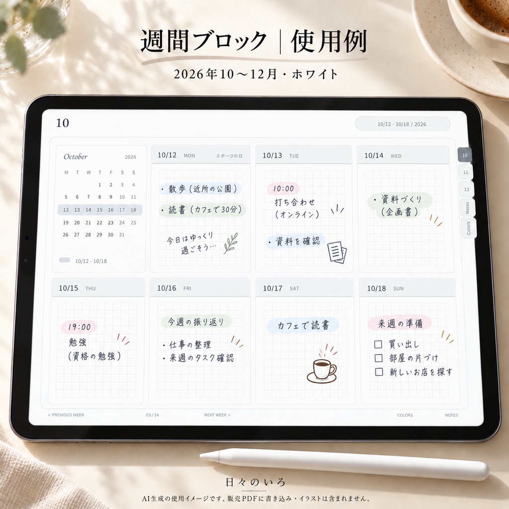 【2026年10〜12月】デジタル手帳お試しセット|週間4タイプ・ホワイト|リンク付き横向きPDF|Goodnotes用
