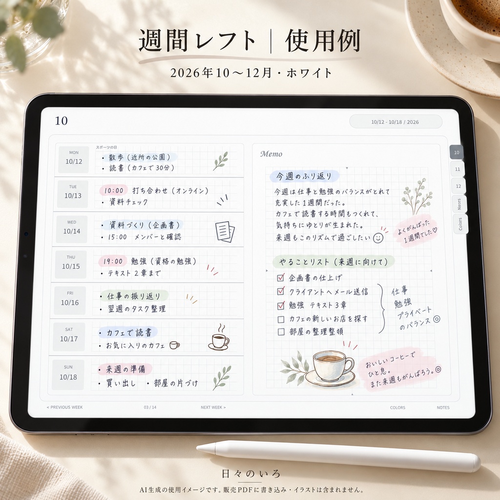 【2026年10〜12月】デジタル手帳お試しセット|週間4タイプ・ホワイト|リンク付き横向きPDF|Goodnotes用
