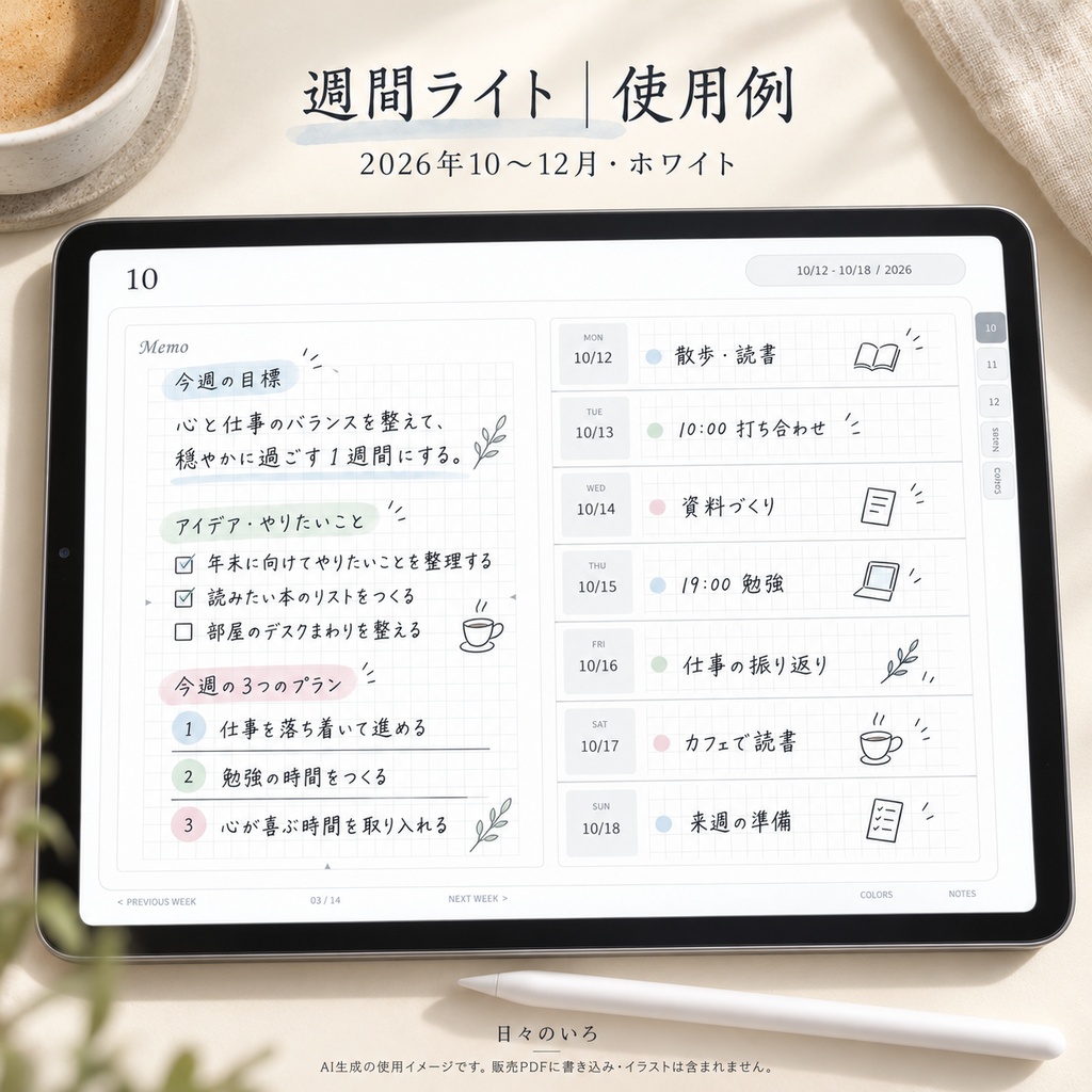【2026年10〜12月】デジタル手帳お試しセット|週間4タイプ・ホワイト|リンク付き横向きPDF|Goodnotes用