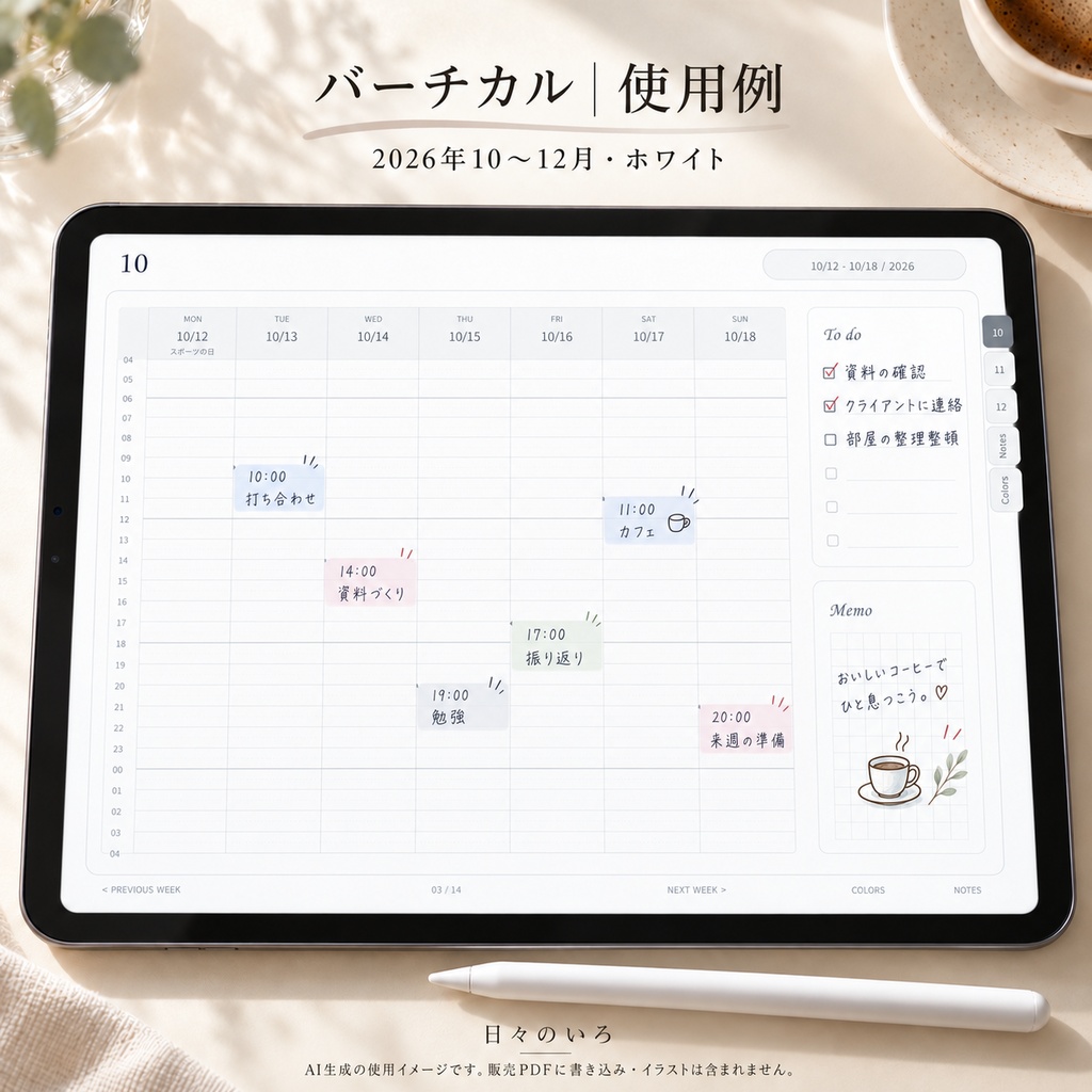 【2026年10〜12月】デジタル手帳お試しセット|週間4タイプ・ホワイト|リンク付き横向きPDF|Goodnotes用