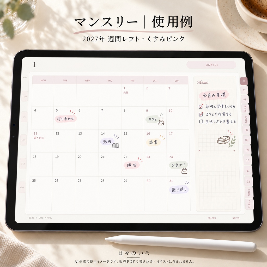 【2027年】週間レフトのデジタル手帳|選べる10色|リンク付き・横向きPDF|Goodnotes用