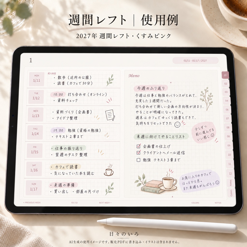【2027年】週間レフトのデジタル手帳｜選べる10色｜リンク付き・横向きPDF｜Goodnotes用