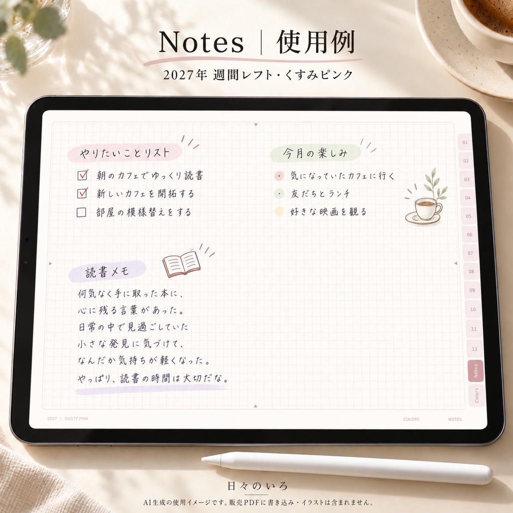 【2027年】週間レフトのデジタル手帳|選べる10色|リンク付き・横向きPDF|Goodnotes用