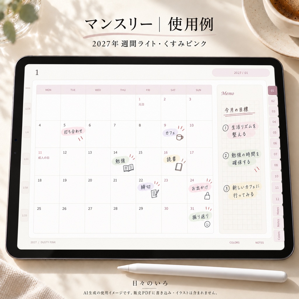 【2027年】週間ライトのデジタル手帳|選べる10色|リンク付き・横向きPDF|Goodnotes用