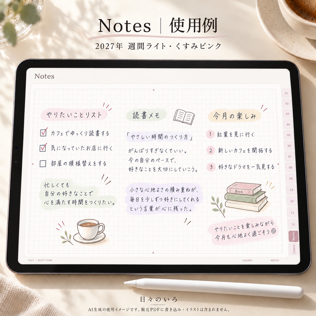 【2027年】週間ライトのデジタル手帳|選べる10色|リンク付き・横向きPDF|Goodnotes用