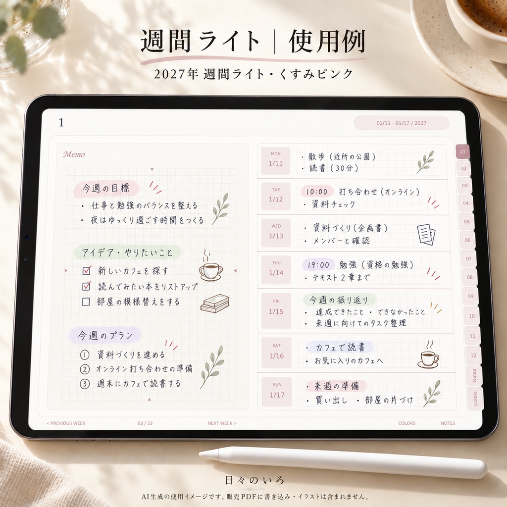 【2027年】週間ライトのデジタル手帳|選べる10色|リンク付き・横向きPDF|Goodnotes用