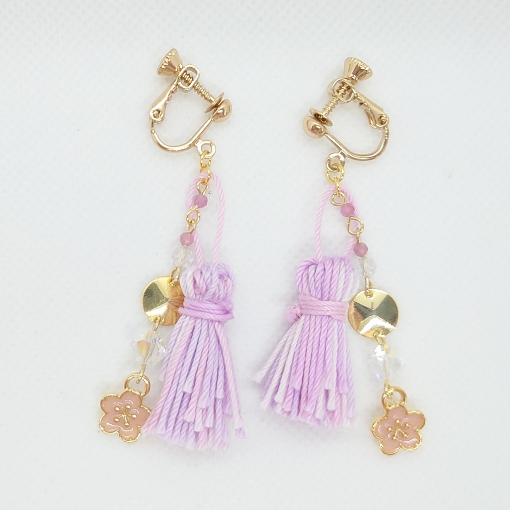 ピンクトルマリン・桜・パープルタッセルイヤリング