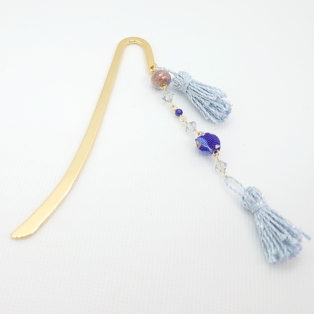 ラピスラズリ・ちりめんボール・パールブルータッセルブックマーカー