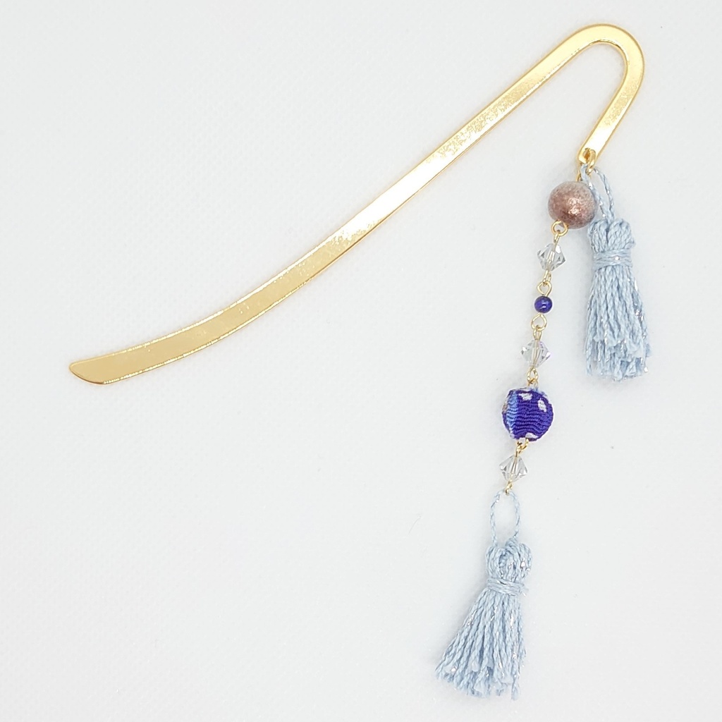 ラピスラズリ・ちりめんボール・パールブルータッセルブックマーカー