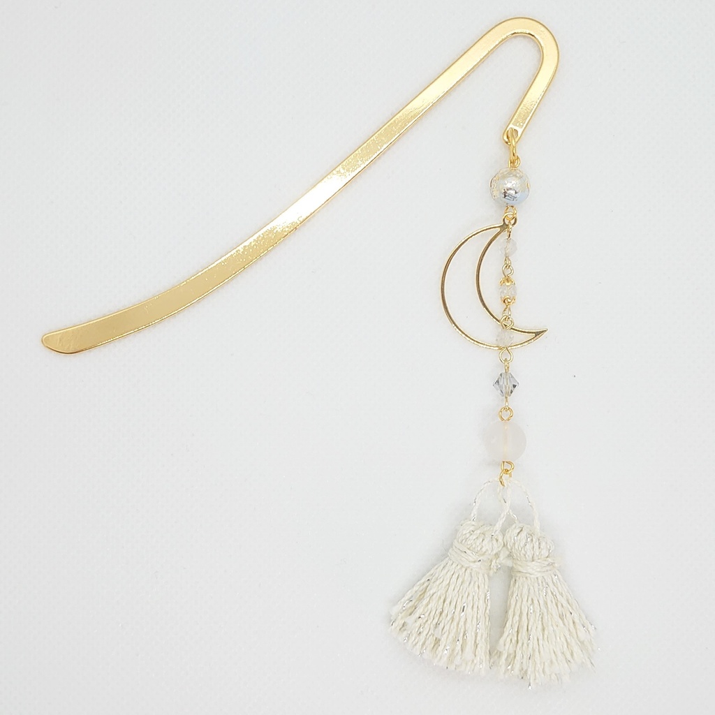 月・フロスト水晶・パールホワイトタッセルブックマーカー