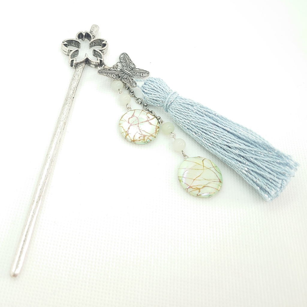 蝶・シェル・パールブルータッセル桜簪