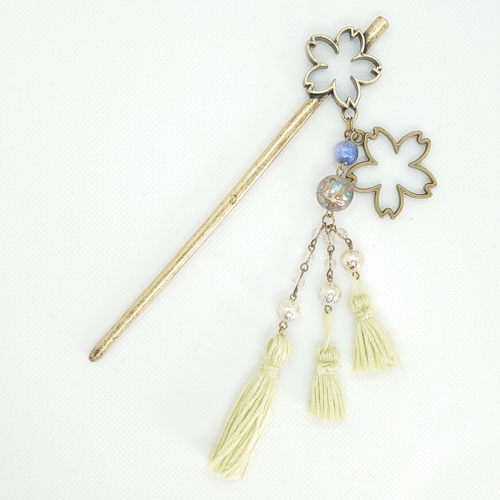 ルチルクォーツ・オパールグリーンタッセル桜簪