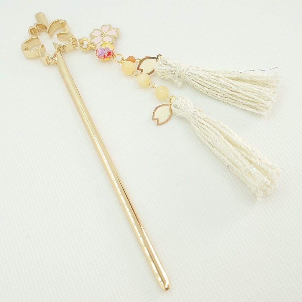 アラゴナイト・ちりめんボール・パールホワイトタッセル桜簪