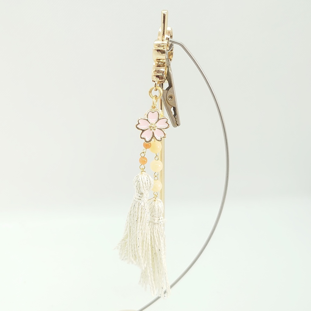 アラゴナイト・ちりめんボール・パールホワイトタッセル桜簪
