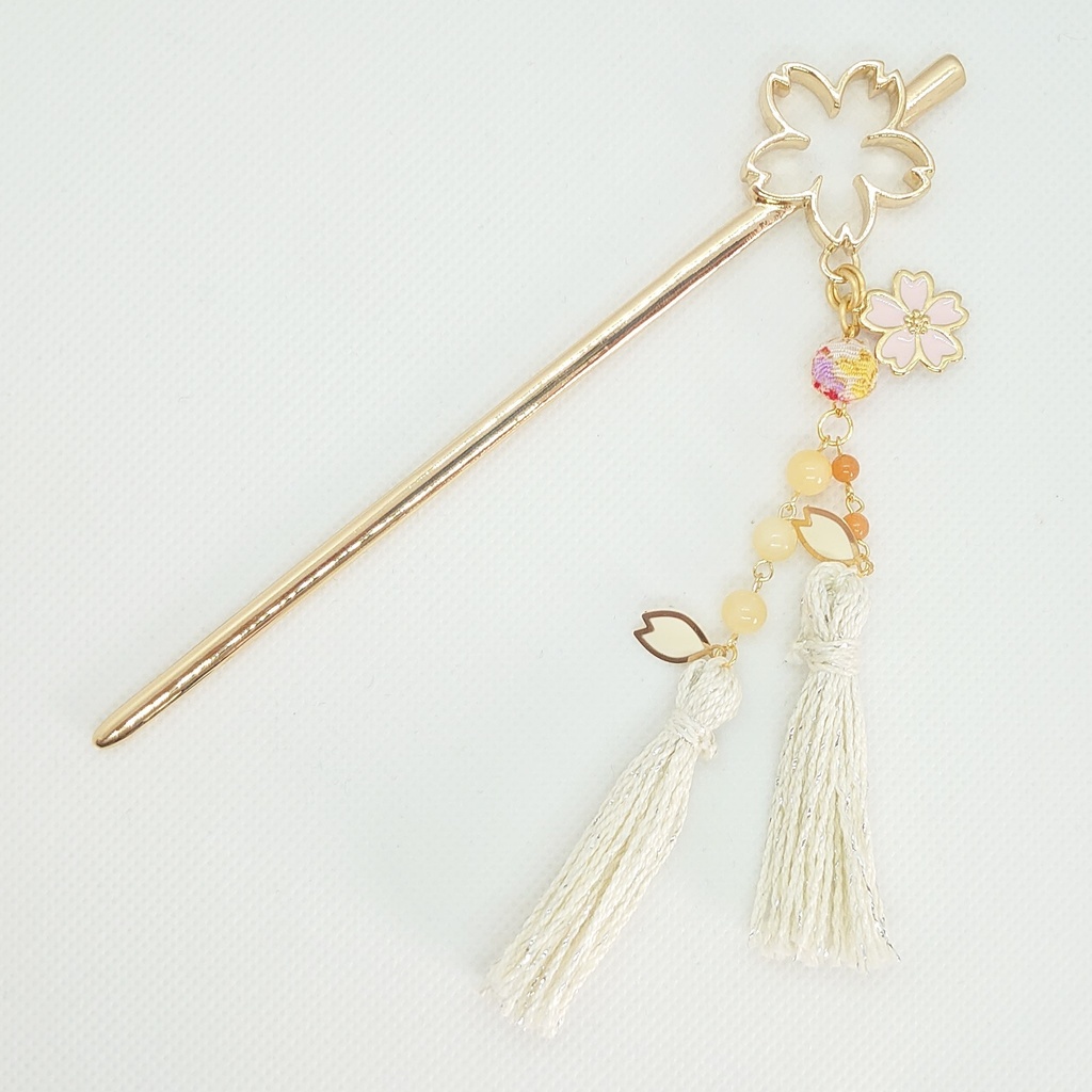 アラゴナイト・ちりめんボール・パールホワイトタッセル桜簪
