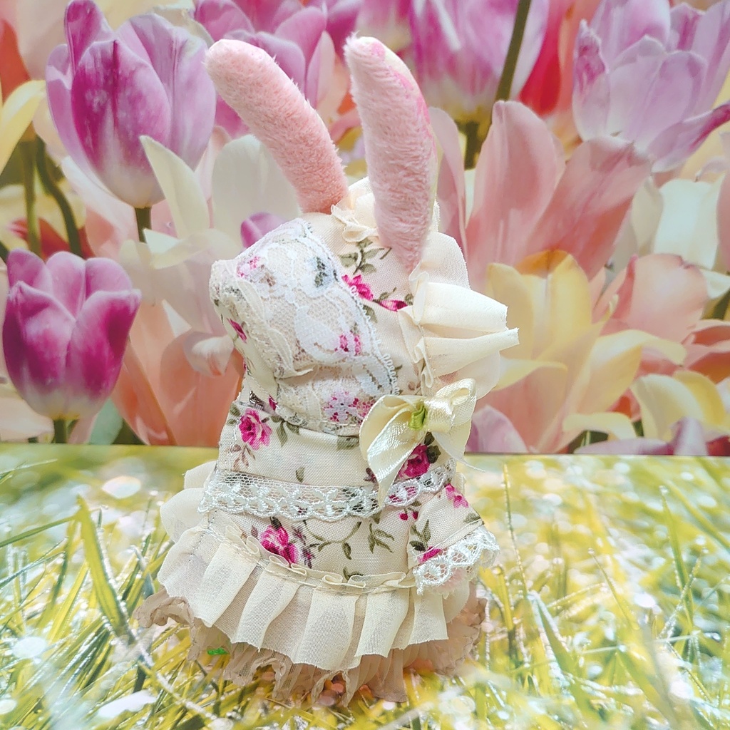 ツキコット用・ボンネット付ワンピース衣装 アイボリーローズ