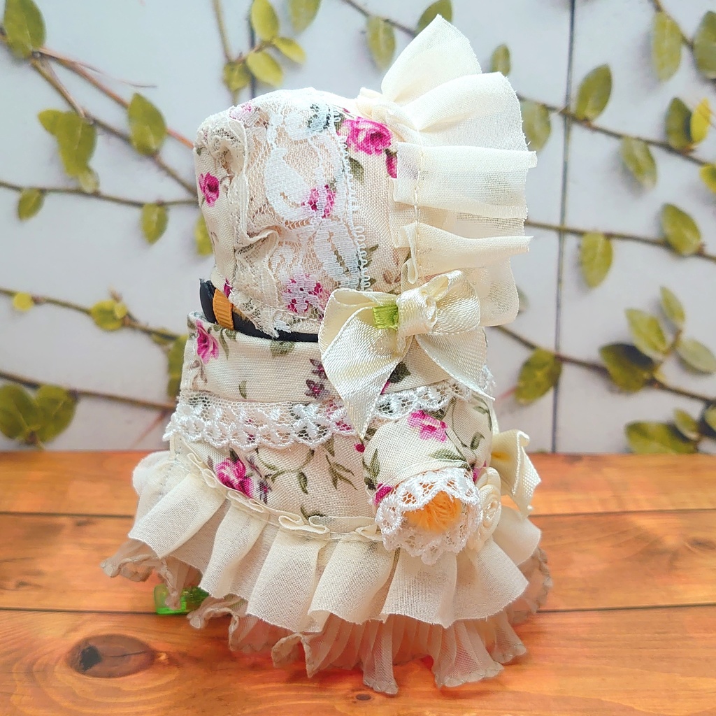 ツキコット用・ボンネット付ワンピース衣装 アイボリーローズ