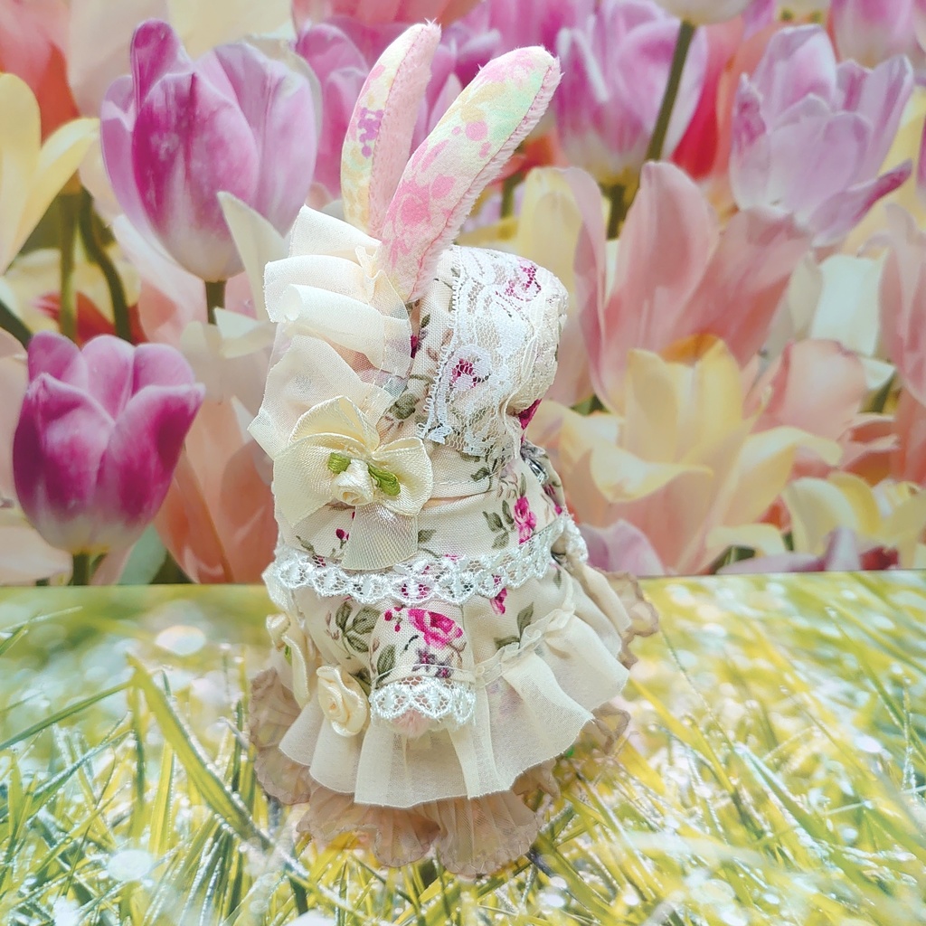 ツキコット用・ボンネット付ワンピース衣装 アイボリーローズ