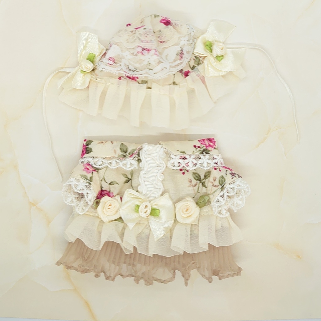 ツキコット用・ボンネット付ワンピース衣装 アイボリーローズ