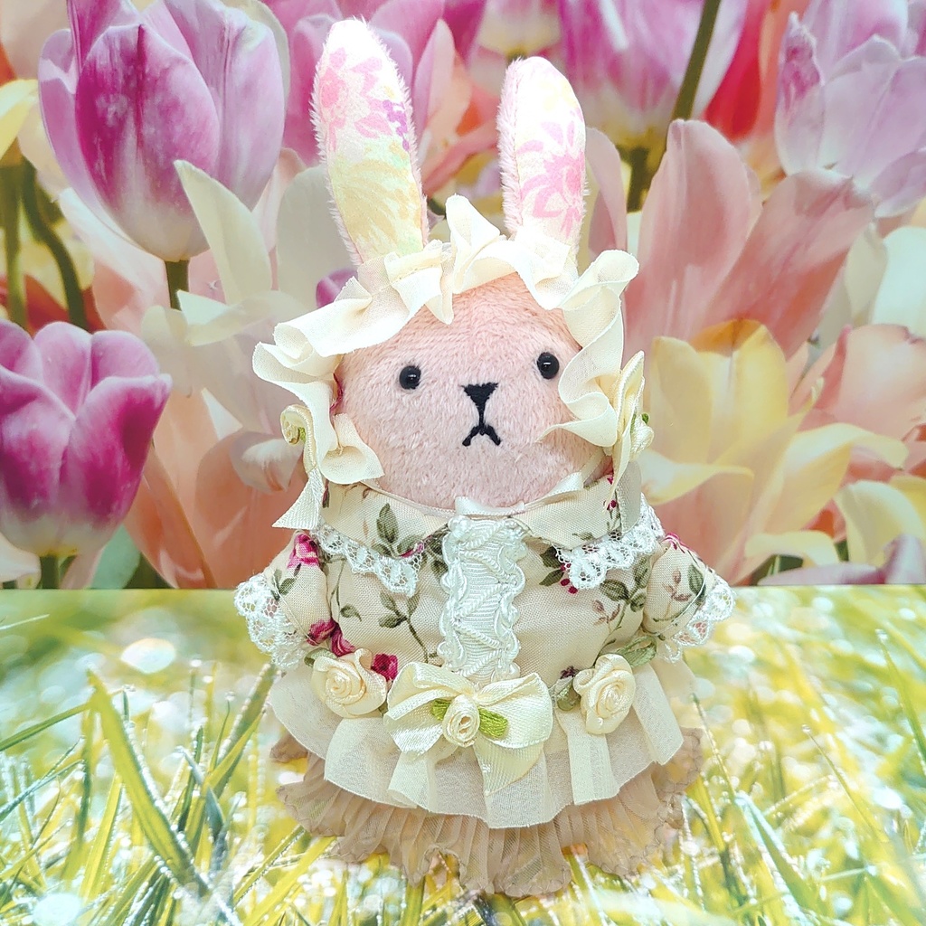 ツキコット用・ボンネット付ワンピース衣装 アイボリーローズ