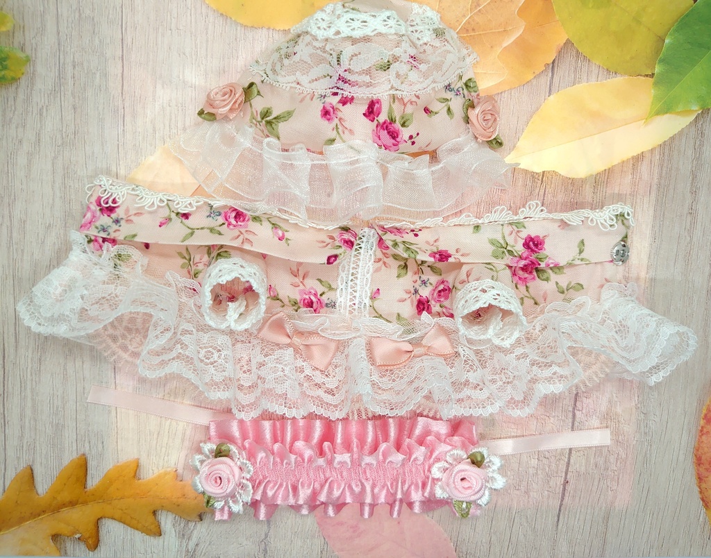 ツキコット用・ボンネット付ワンピース衣装 ピンクローズ