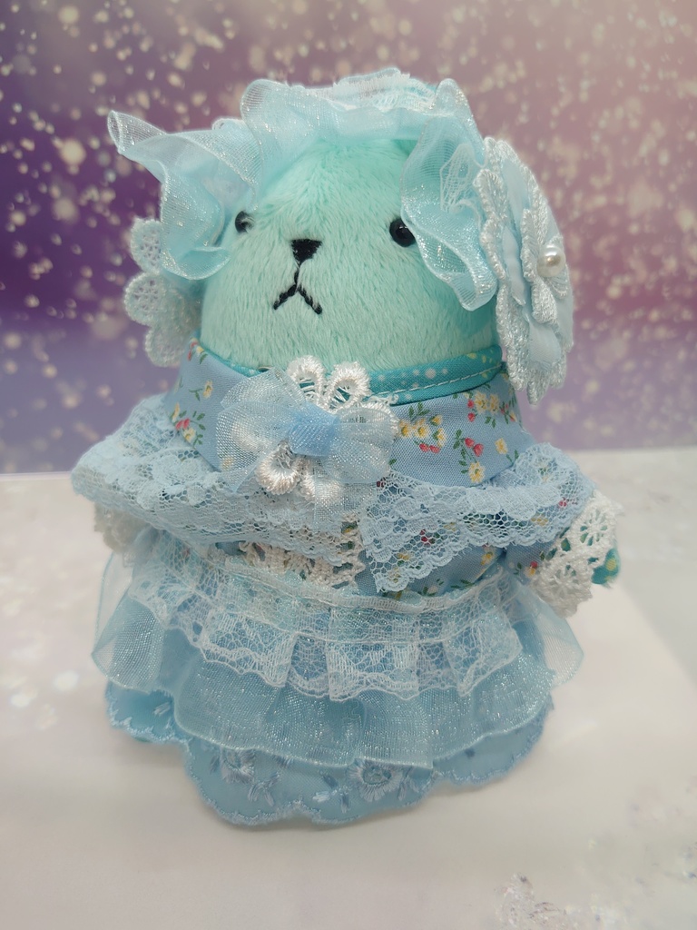 ツキコット用・ボンネット付ワンピース衣装 水色フリル