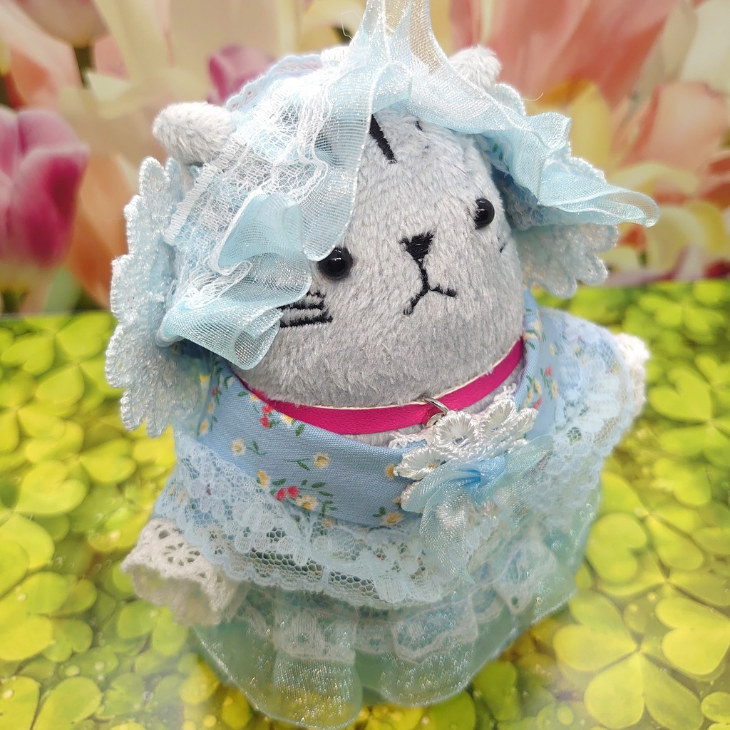 ツキコット用・ボンネット付ワンピース衣装 水色フリル