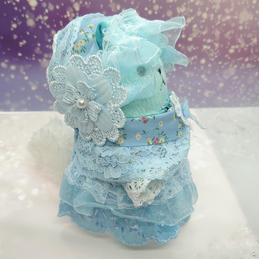 ツキコット用・ボンネット付ワンピース衣装 水色フリル