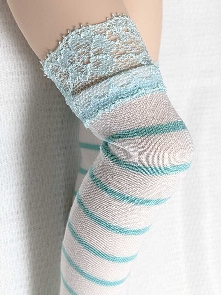【2size】レース付ミント*細太しましま*オーバーニー