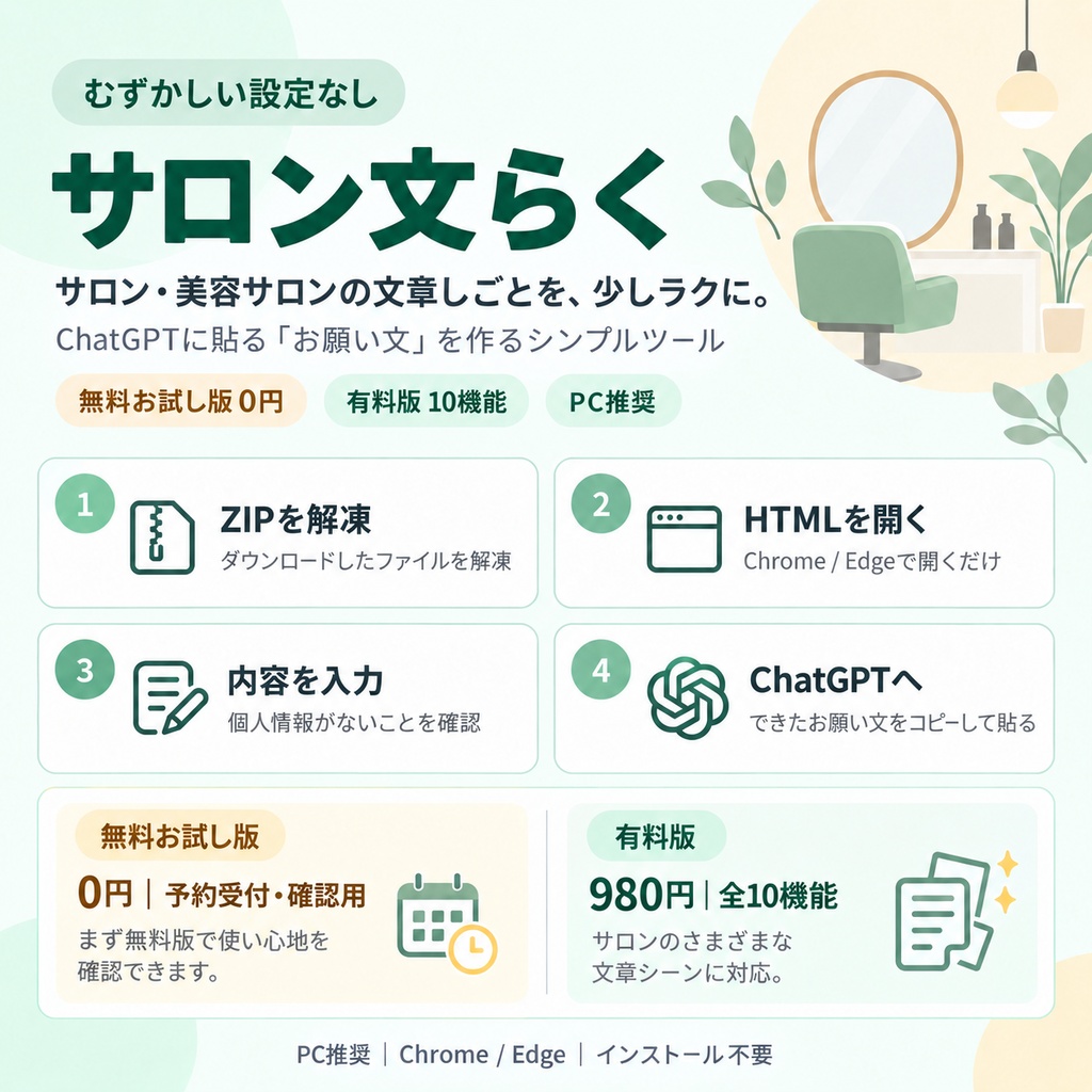 サロン文らく|美容室・ネイル・まつげ・エステ等向け文章作成サポート【無料お試し版あり】