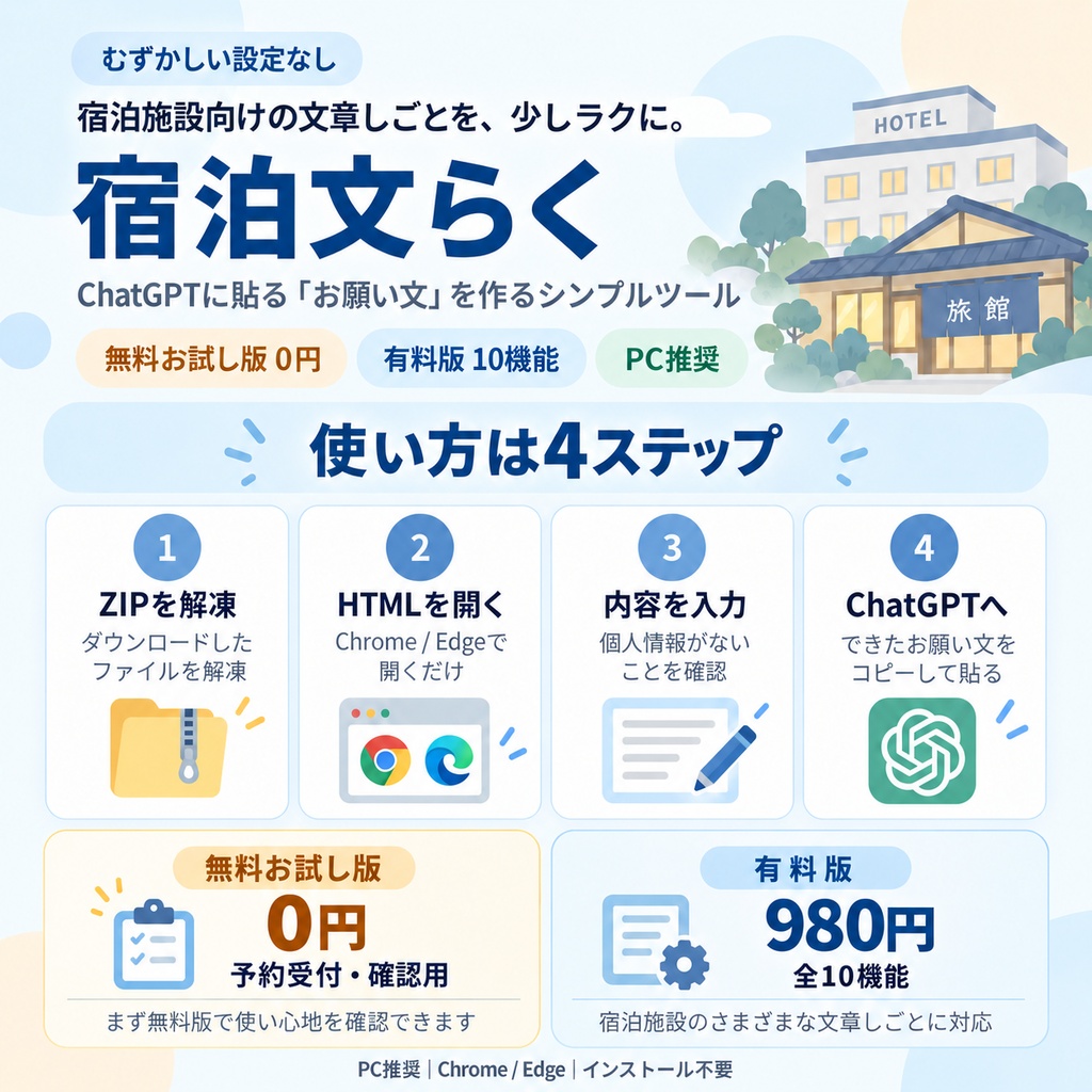 宿泊文らく|ホテル・旅館・民宿・ゲストハウス等向け文章作成サポート【無料お試し版あり】