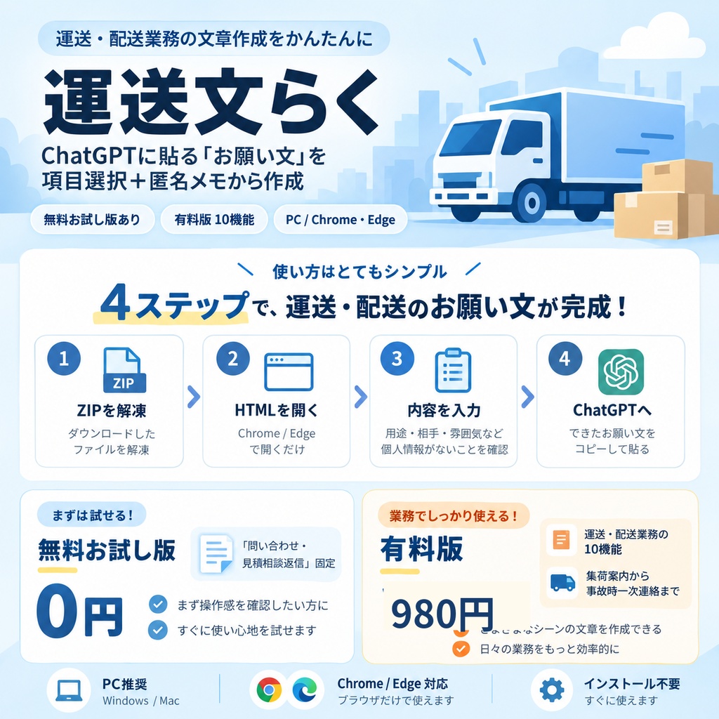 運送文らく|運送会社・配送事業者向け文章作成サポート【無料お試し版あり】
