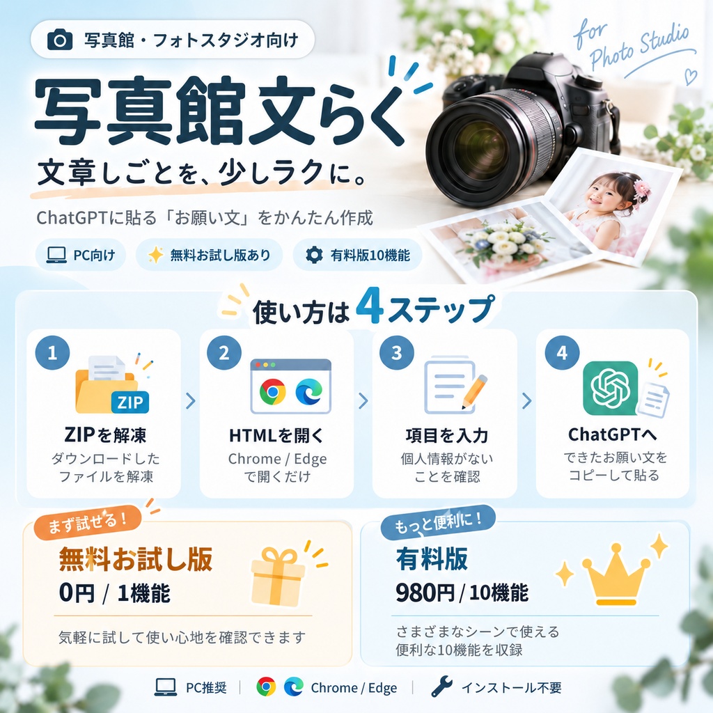 写真館文らく|写真館・フォトスタジオ向け文章作成サポート【無料お試し版あり】