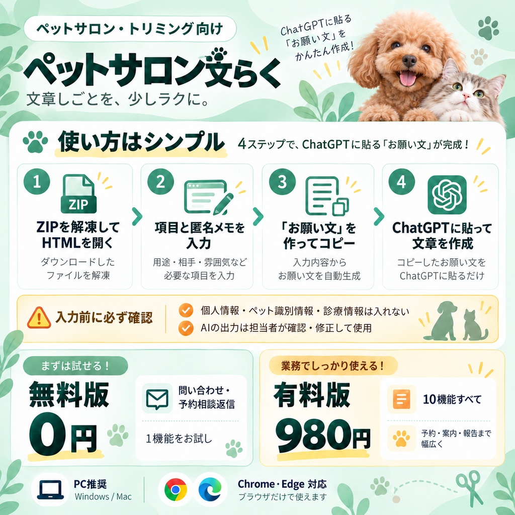 ペットサロン文らく|トリミング・ペットサロン向け文章作成サポート【無料お試し版あり】