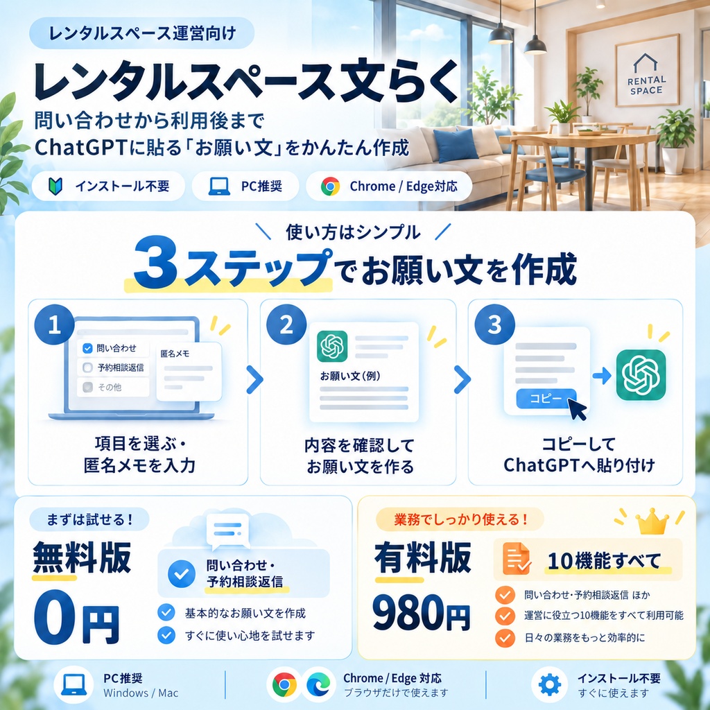 レンタルスペース文らく|貸会議室・撮影スタジオ等向け文章作成サポート【無料お試し版あり】