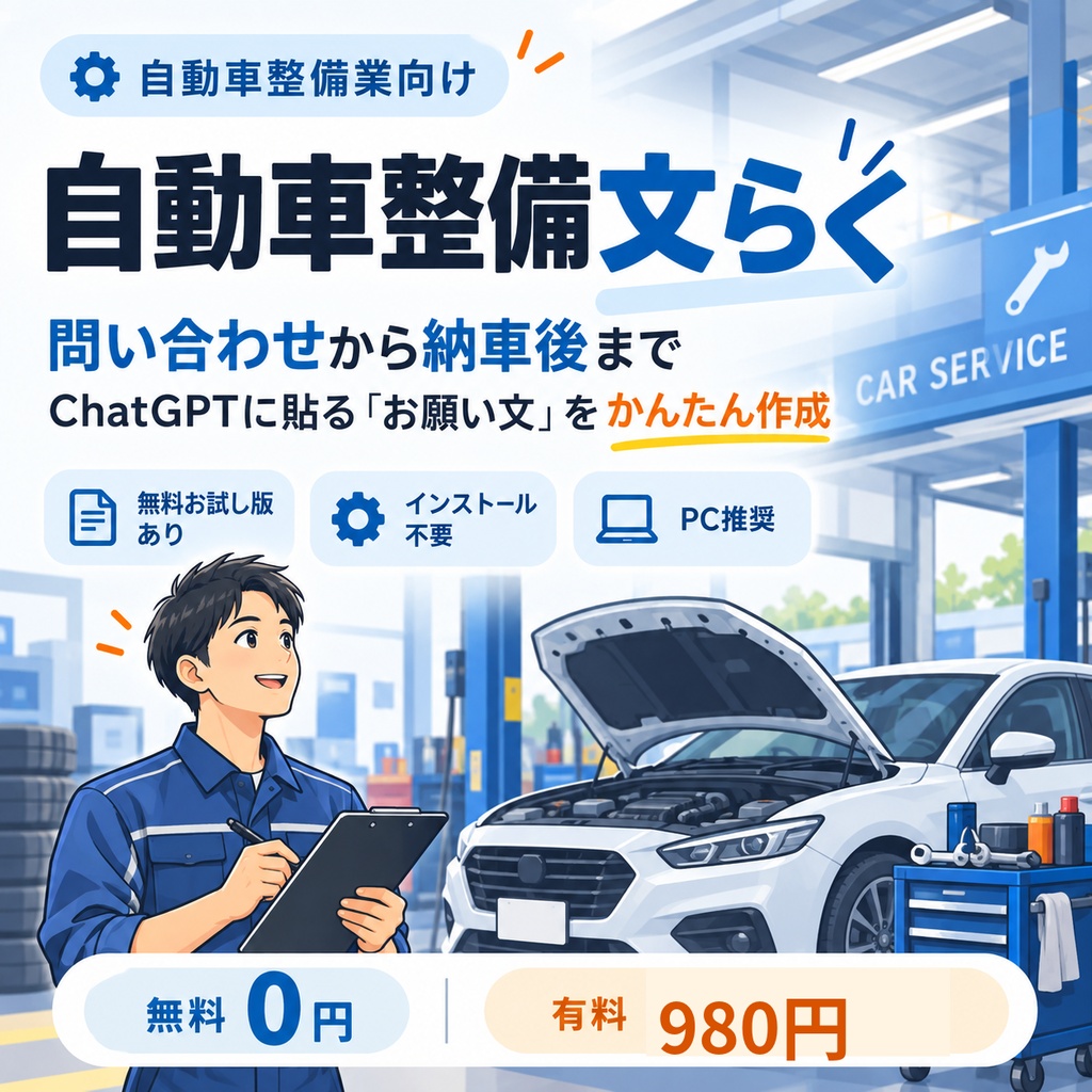 自動車整備文らく｜整備工場・車検・板金等向け文章作成サポート【無料お試し版あり】