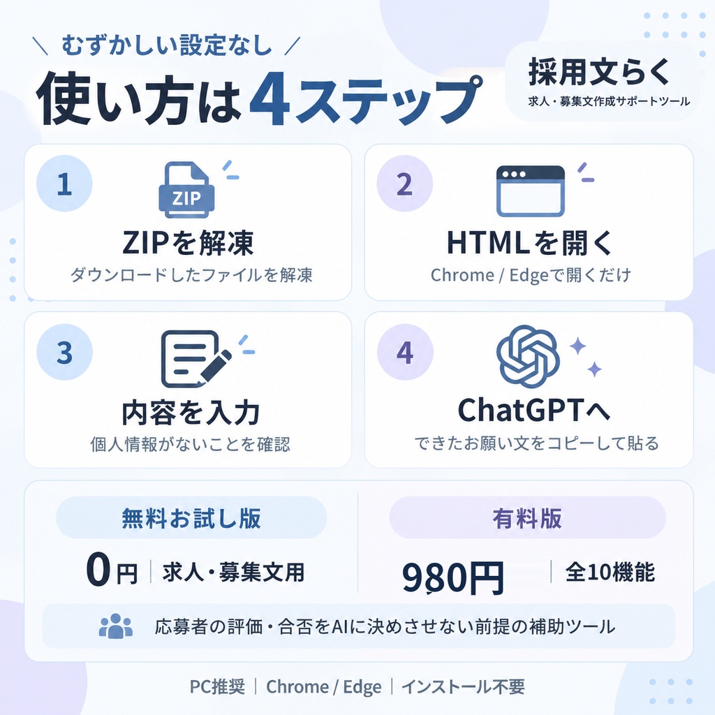 採用文らく|求人・採用担当者向け文章作成サポートツール【無料お試し版あり】