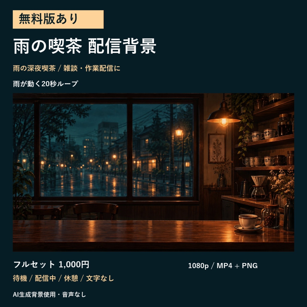 【無料版あり】雨の深夜喫茶｜動く動画・配信背景｜YouTube・作業用BGM・雑談／20秒ループ