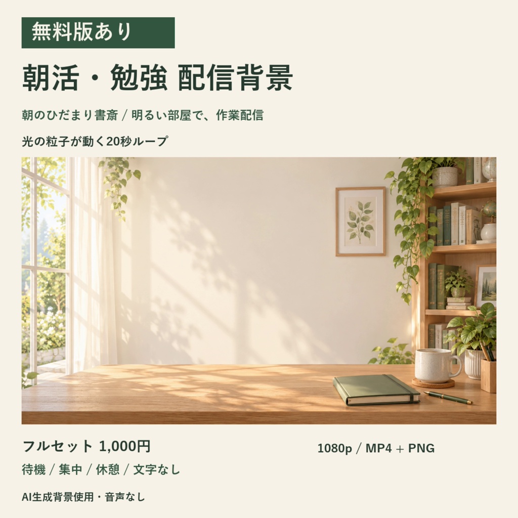 【無料版あり】朝のひだまり書斎|動く動画・配信背景|YouTube・勉強・朝活・作業用/20秒ループ
