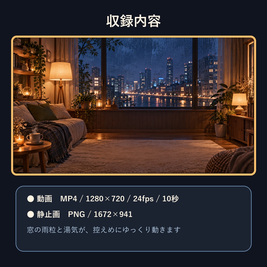 【動く動画・配信背景】雨の夜・暖色の雑談部屋 A-01|YouTube・VTuber・雑談/10秒ループ