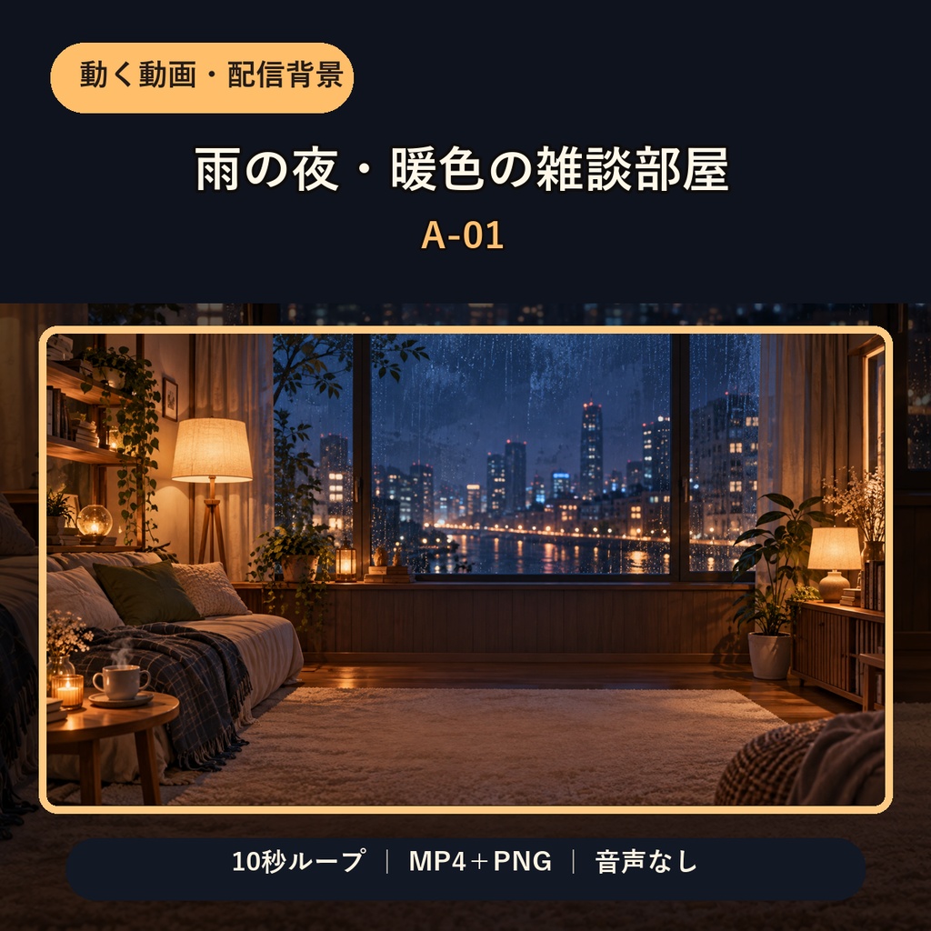 【動く動画・配信背景】雨の夜・暖色の雑談部屋 A-01|YouTube・VTuber・雑談/10秒ループ