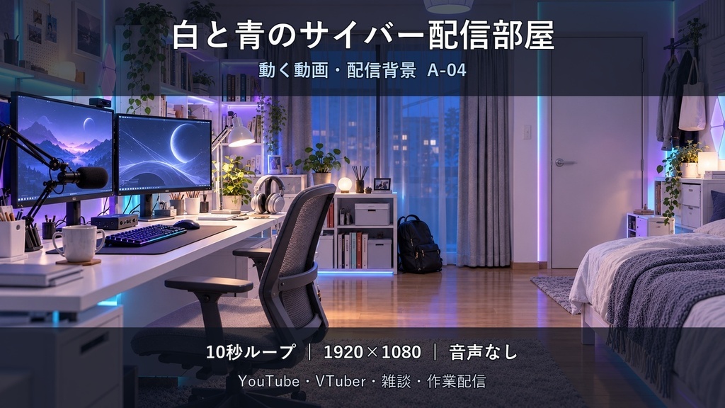 【無料版あり】白と青のサイバー配信部屋 A-04|動く動画・配信背景|YouTube・VTuber・雑談/10秒ループ