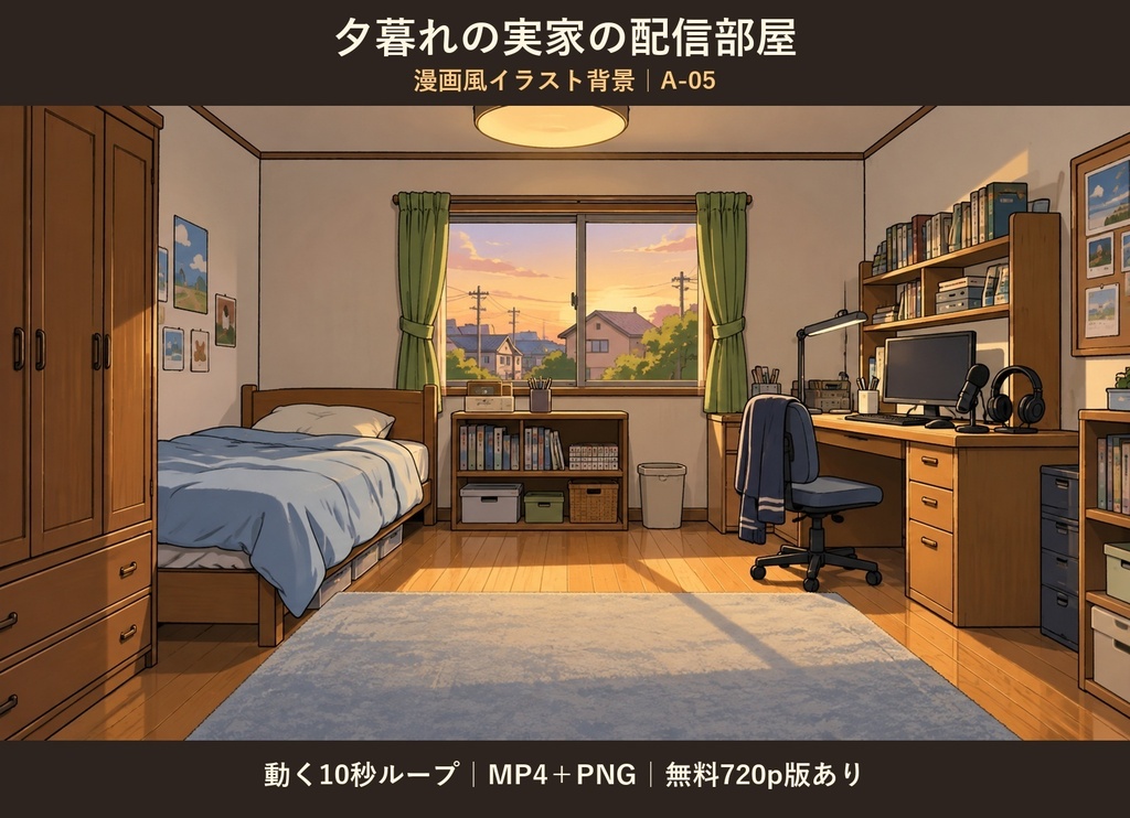 【無料版あり】夕暮れの実家の配信部屋・漫画風 A-05｜動く動画・配信背景｜YouTube・VTuber／10秒ループ