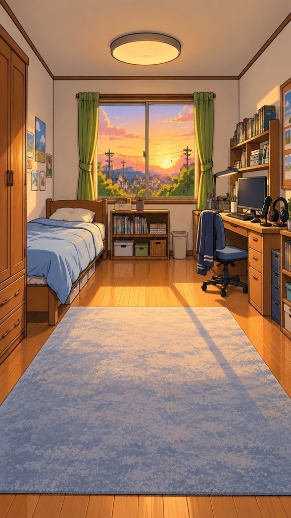 【無料版あり】夕暮れの実家の配信部屋・漫画風|縦型9:16・動く10秒ループ背景|A-05V