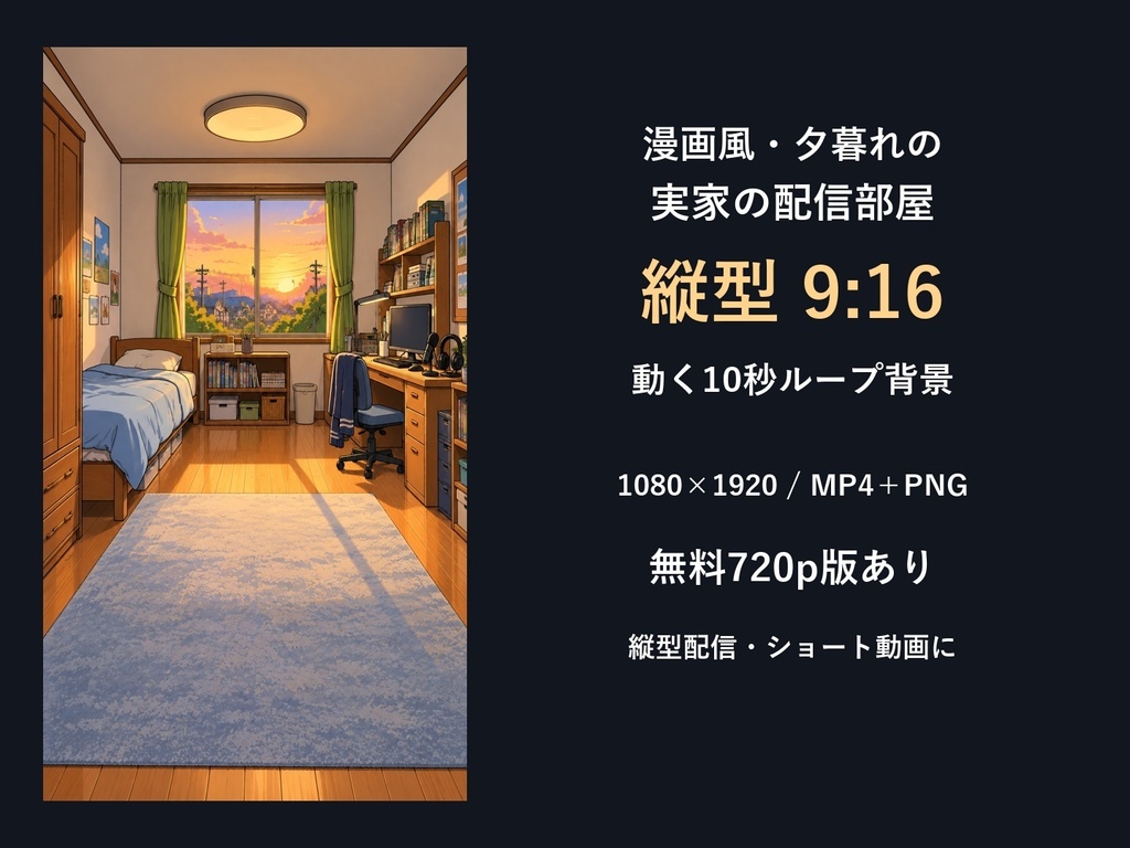 【無料版あり】夕暮れの実家の配信部屋・漫画風｜縦型9:16・動く10秒ループ背景｜A-05V