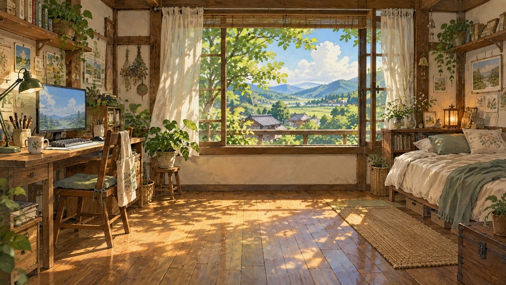 【無料版あり】木漏れ日の田舎の配信部屋 A-06|手描きアニメ調・動く動画背景|約11秒ループ