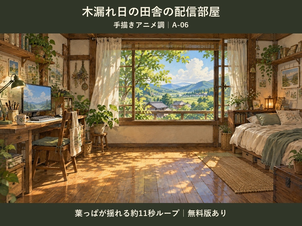 【無料版あり】木漏れ日の田舎の配信部屋 A-06｜手描きアニメ調・動く動画背景｜約11秒ループ
