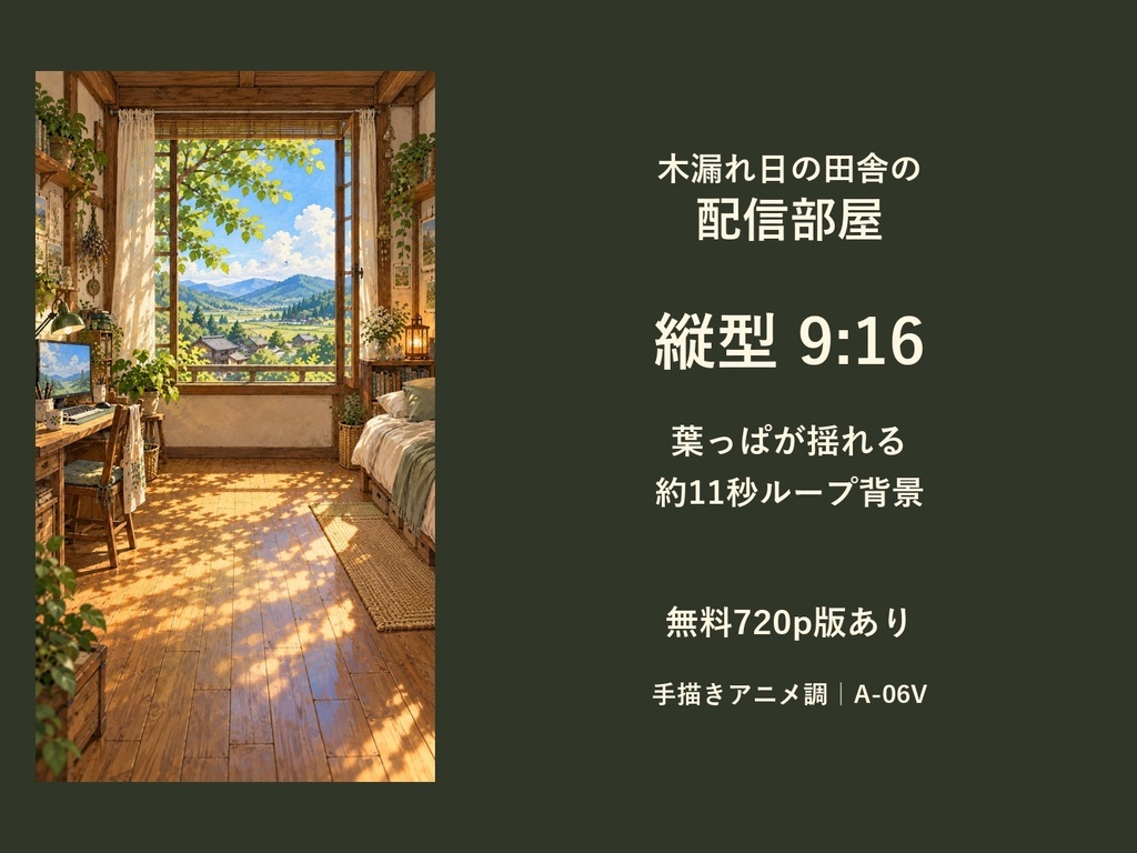 【無料版あり】木漏れ日の田舎の配信部屋｜縦型9:16・手描きアニメ調の動く背景｜A-06V