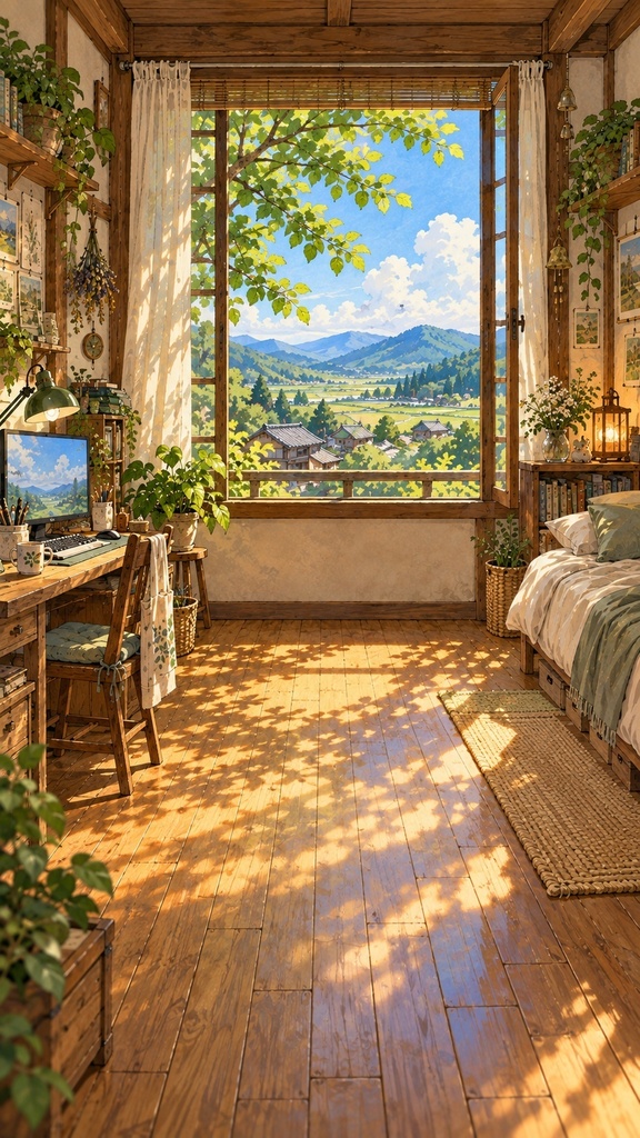 【無料版あり】木漏れ日の田舎の配信部屋|縦型9:16・手描きアニメ調の動く背景|A-06V